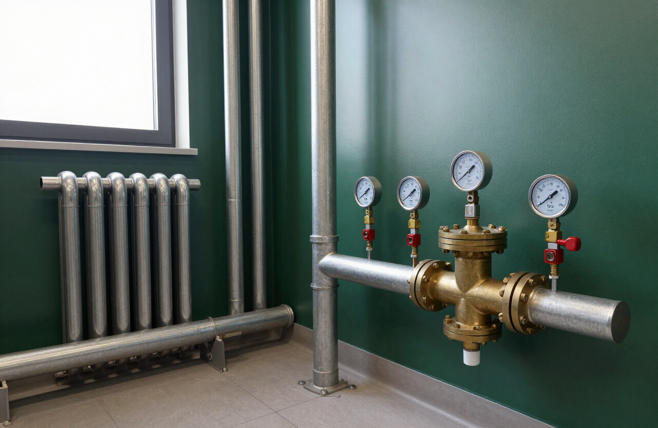 Insulated hydronic heating pipes and a brass manifold with pressure gauges in a plant room