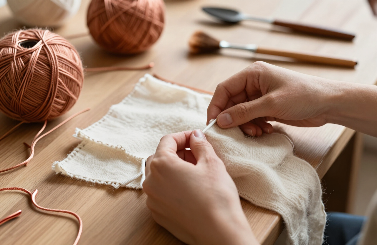 Hands working with natural wool and textiles in a creative workshop