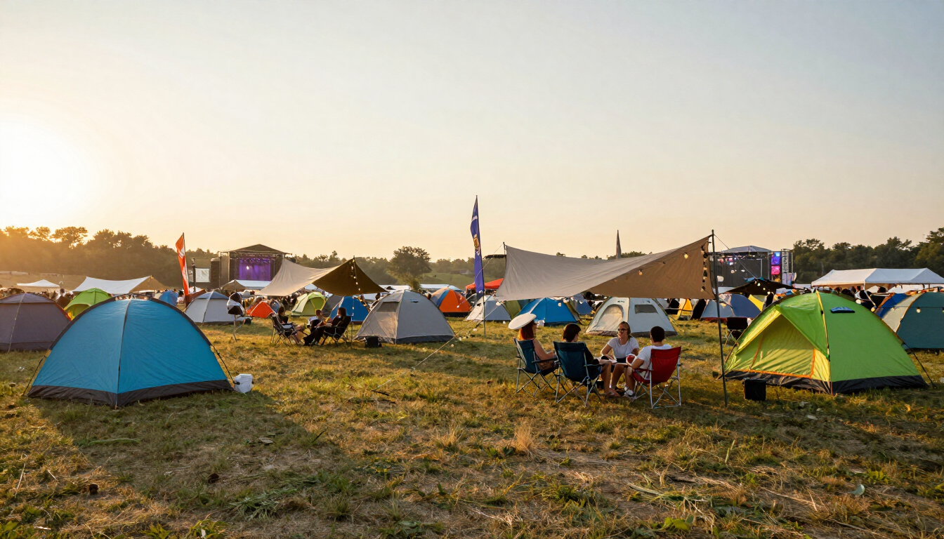 Campers relaxing under canopies at a music festival campground at sunset