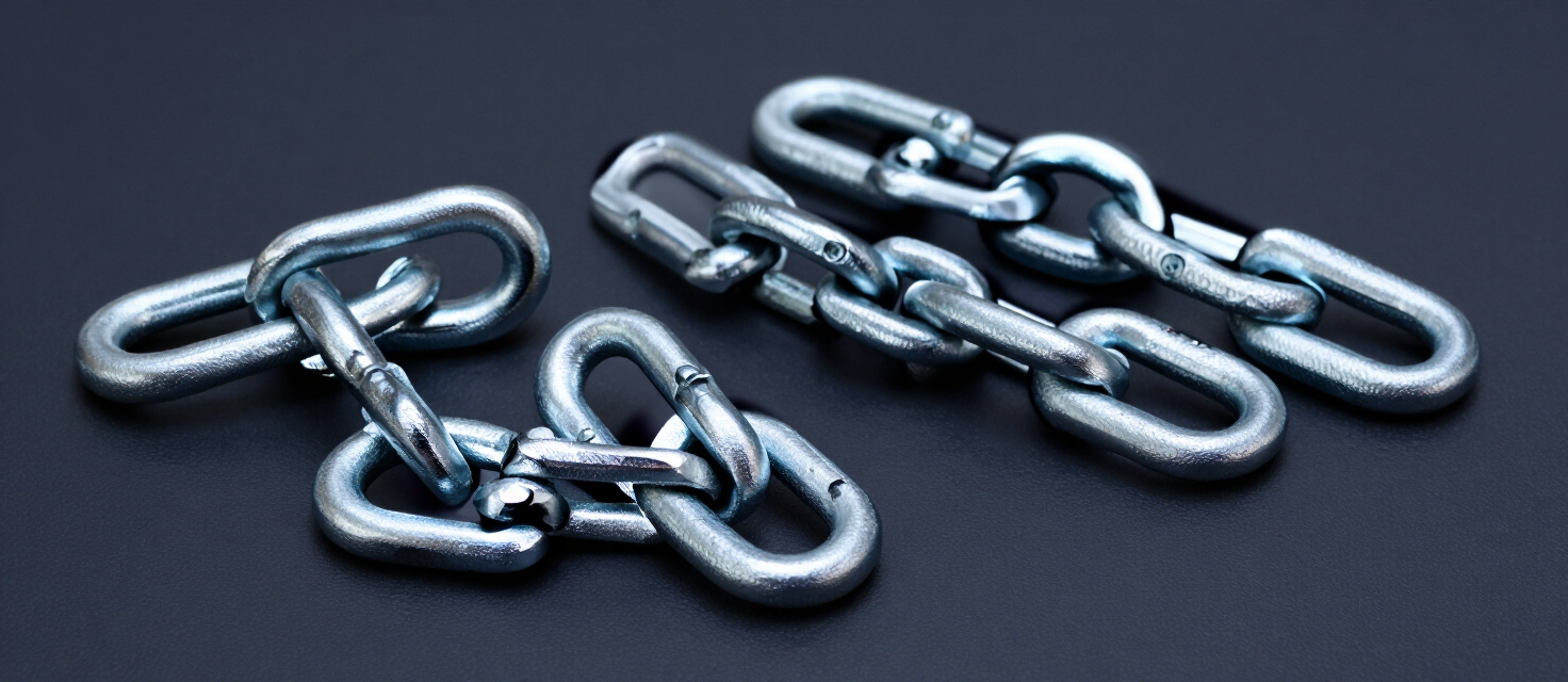 Heavy duty shackles and masterlinks on a workshop floor