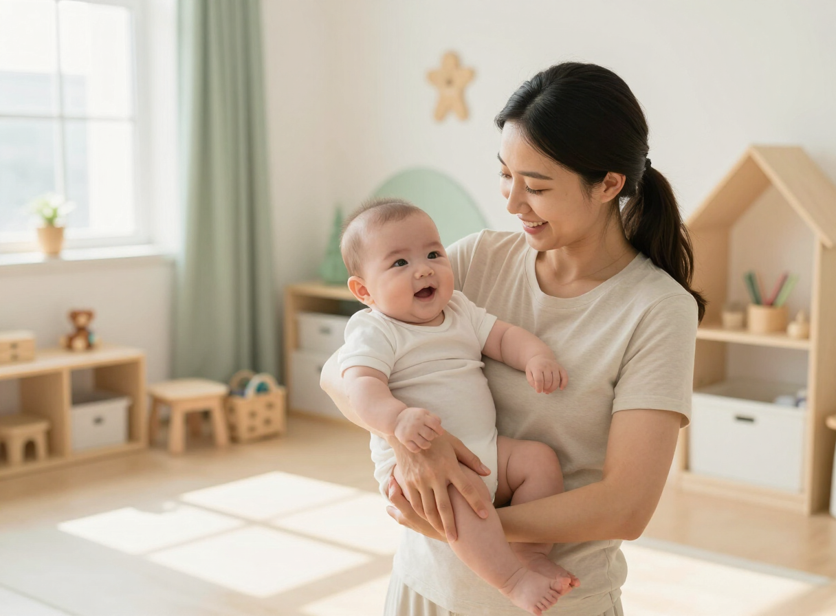 Teacher holding a smiling infant in a sunlit nursery