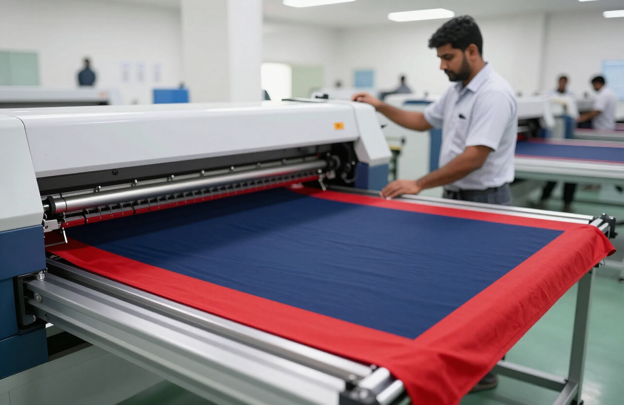 Sublimation printing line producing navy and red fabric panels at the Engreek factory in Sialkot