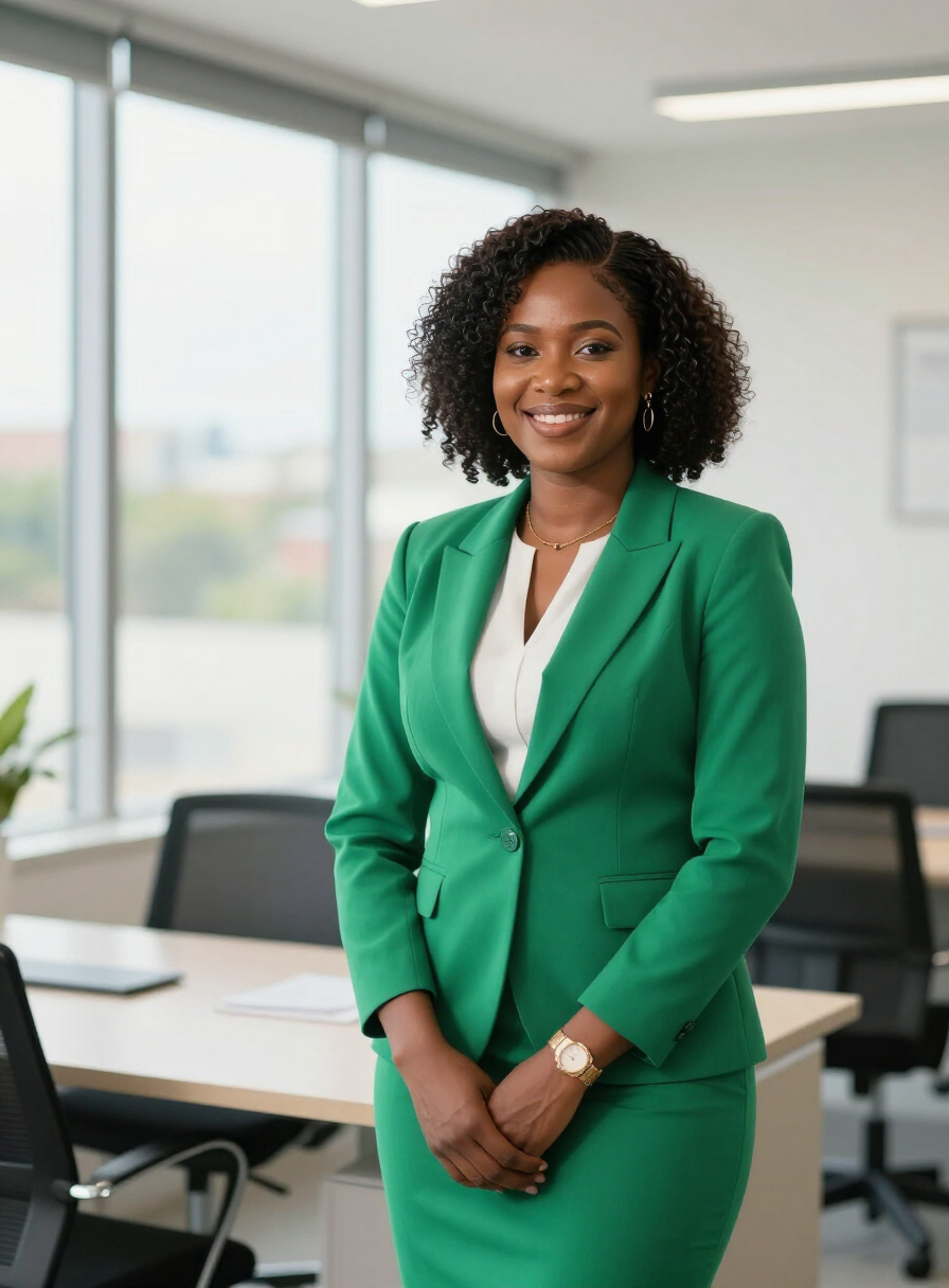 Professional Caribbean businesswoman in a modern Georgetown office