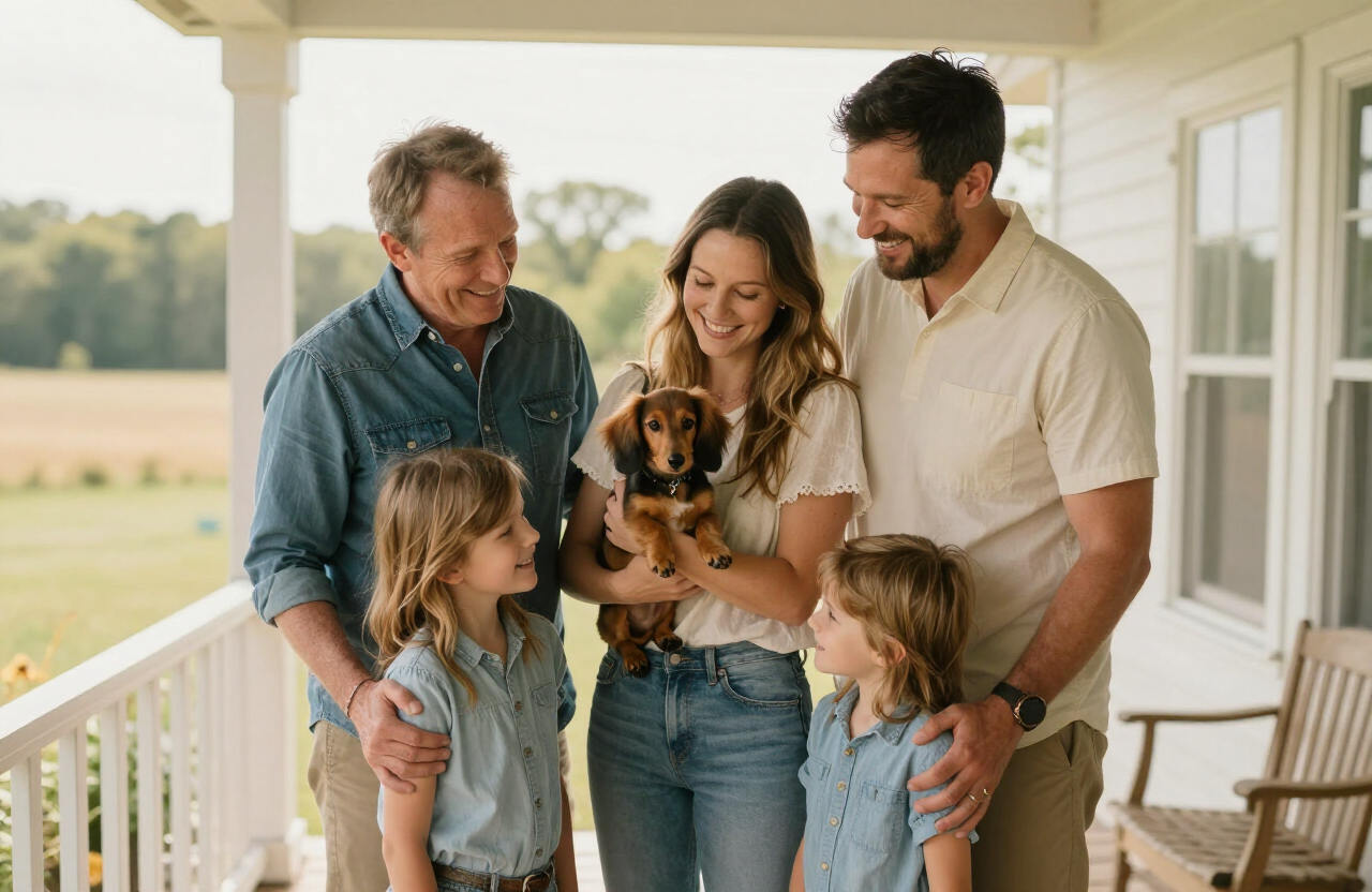 A family gathered around a long-haired Dachshund puppy on a farmhouse porch at Pittsford Puppies