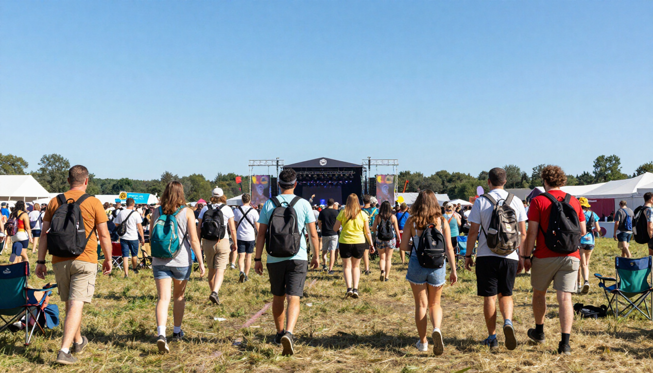 Diverse group of festival-goers walking across a field toward a distant festival stage in daylight