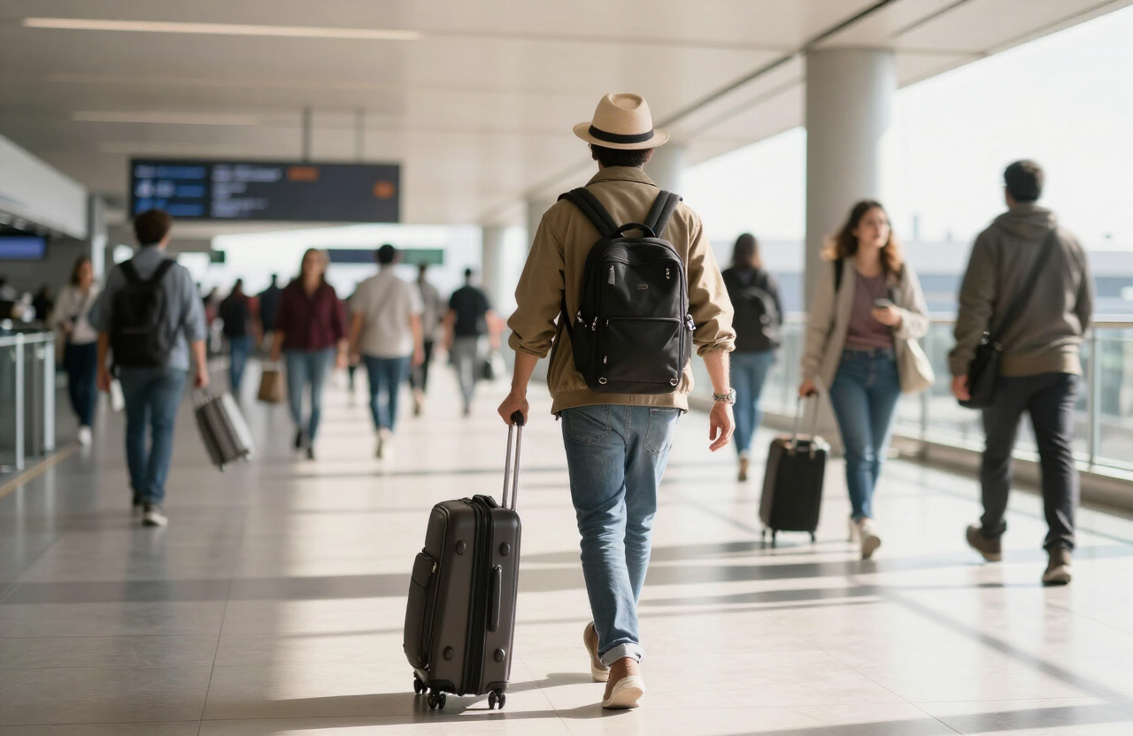 Viajero caminando con su maleta por la terminal de un aeropuerto