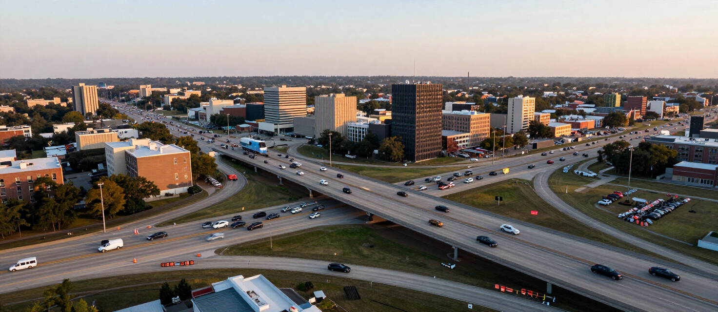 Kansas City interstate interchange aerial view with heavy commuter traffic and merging lanes at golden hour