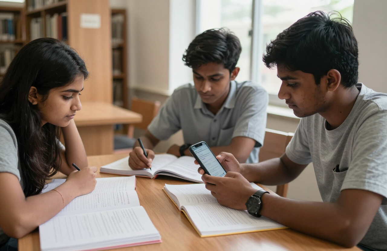 Students preparing for competitive exams together in a library, one checking a practice test on a phone