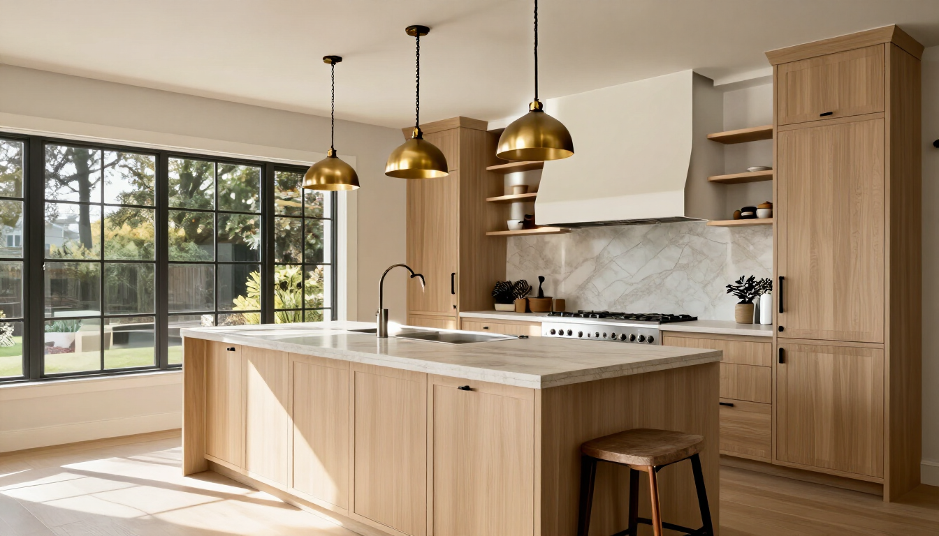 Generated kitchen concept with an oak finish, sage island, and brass lighting