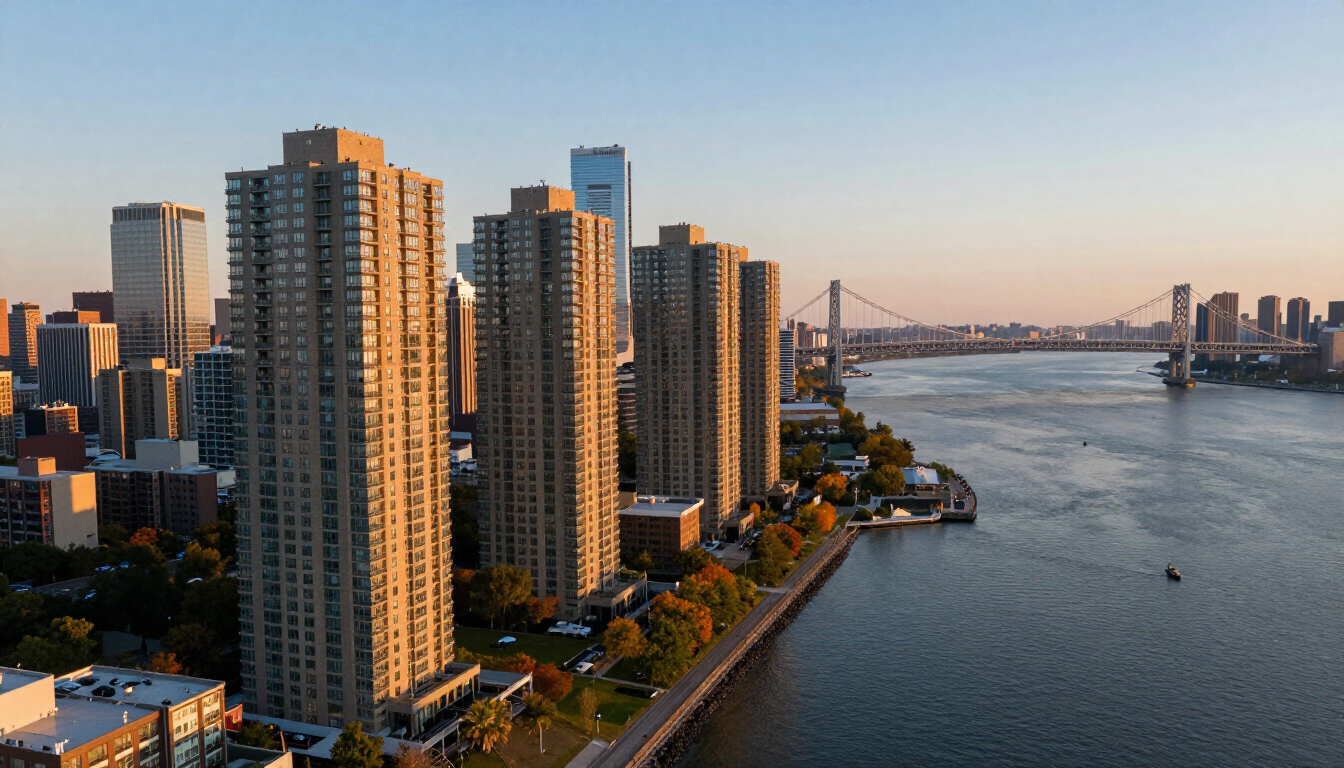 Fort Lee NJ skyline with high-rise condominium towers along the Palisades above the Hudson River