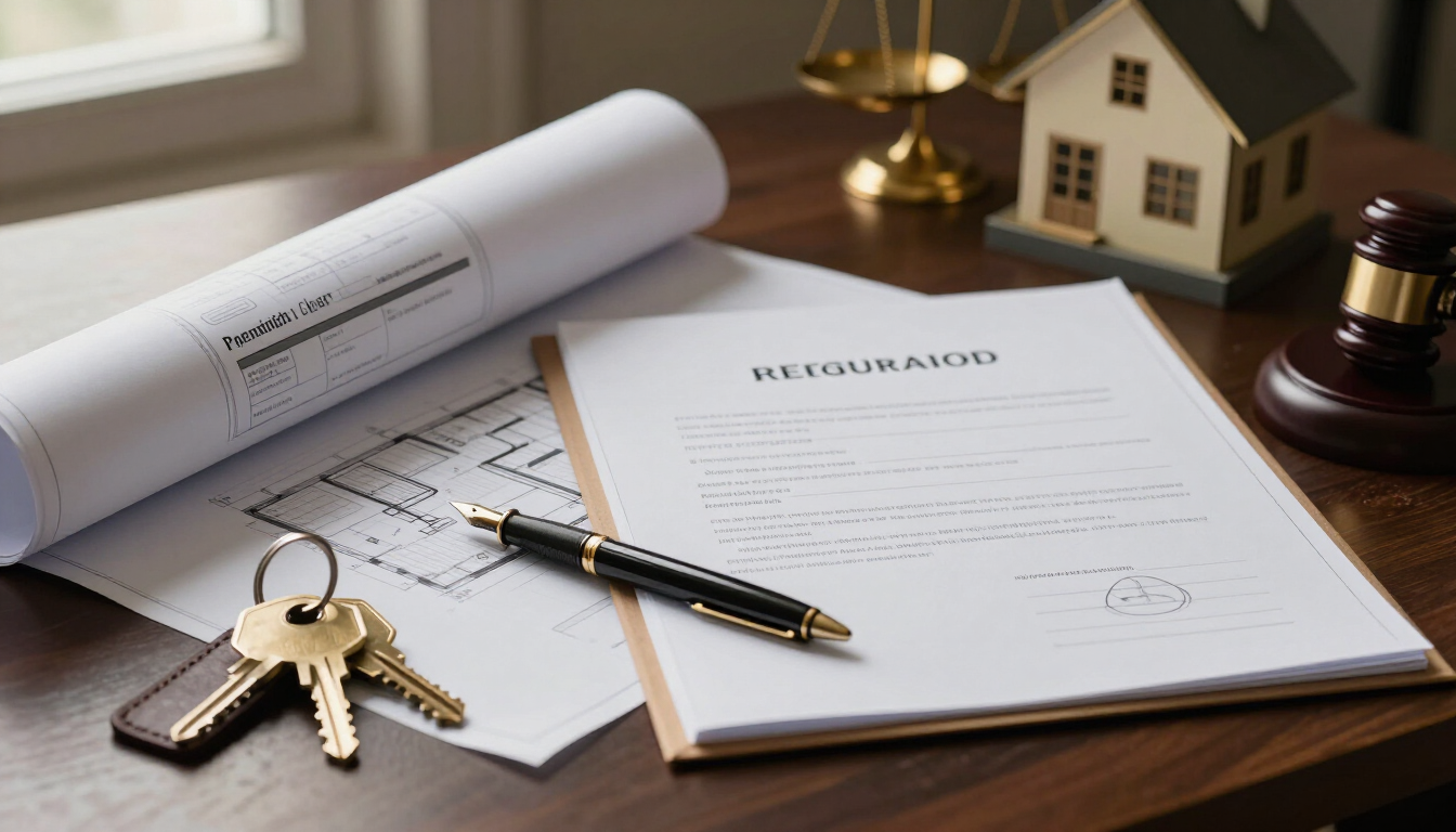Regularização imobiliária: mesa de trabalho com documentos, chave e planta arquitetônica