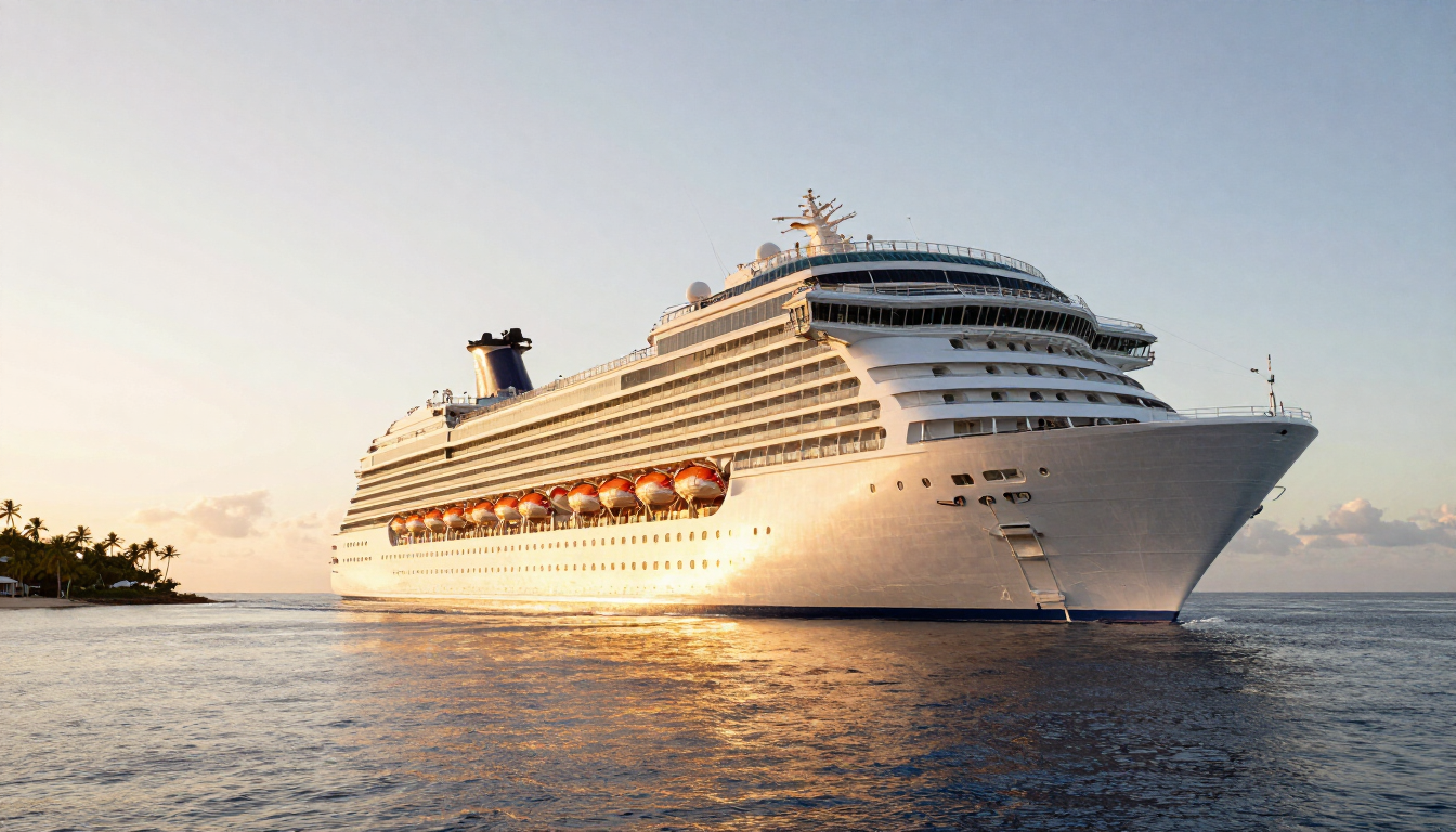 Princess cruise ship sailing near a scenic coastline at sunset