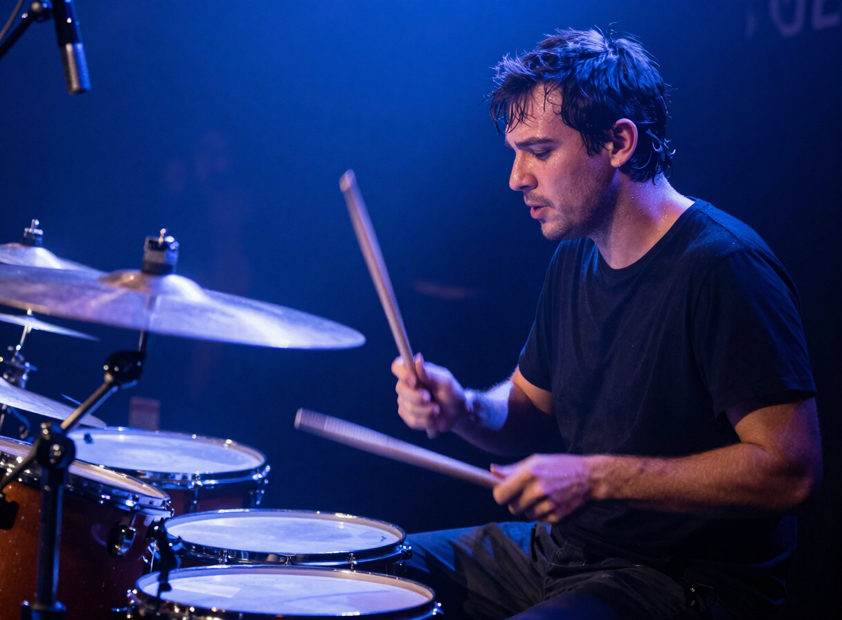 Drummer mid-performance with motion blur on the drumsticks under blue stage light