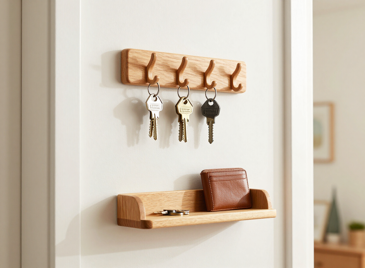 A small wall-mounted wooden key holder with hooks and a compact scrap-wood shelf in a bright entryway, keys hanging and a wallet on the small shelf, warm natural light