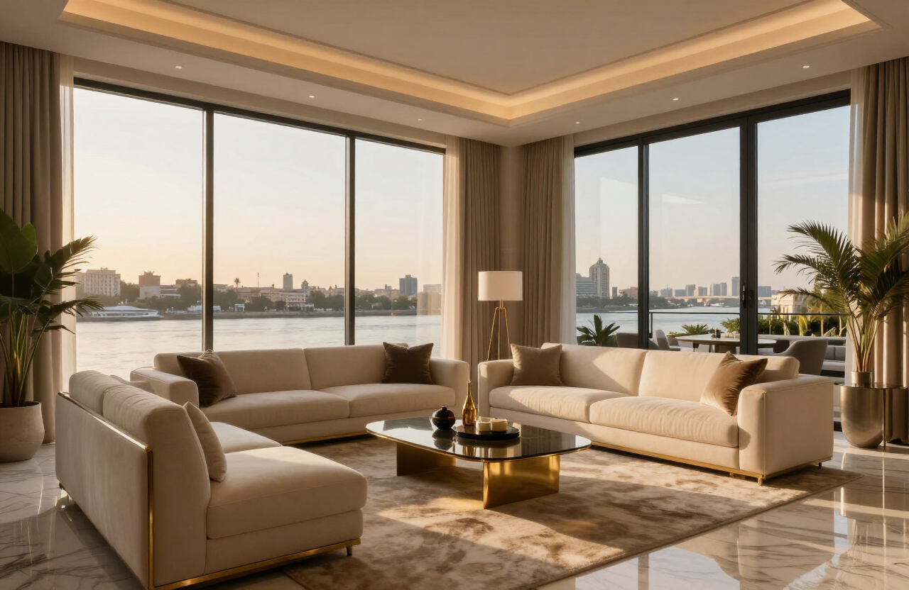 Elegant living room of a luxury Cairo apartment overlooking the Nile at golden hour