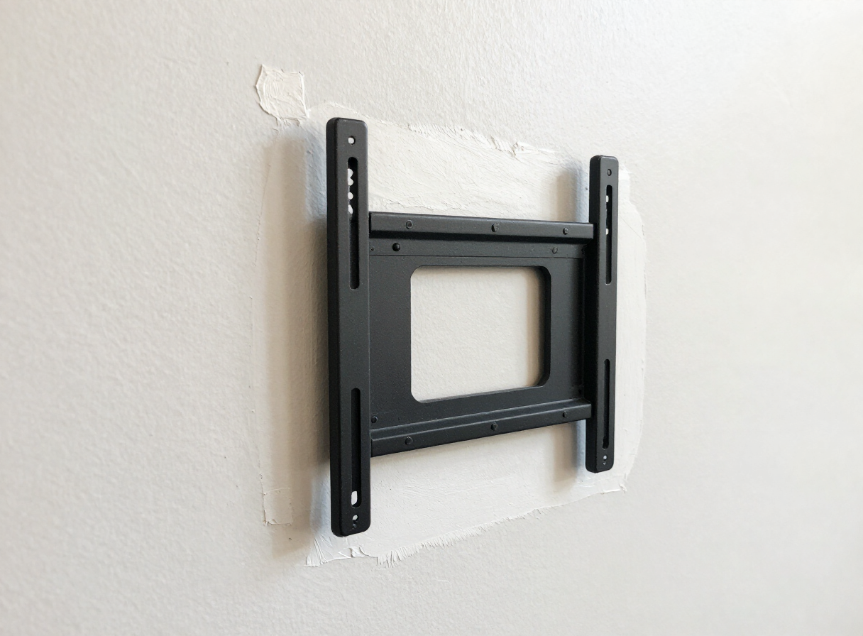 Repaired TV-mount hole in a West New York NJ apartment wall after patching and priming