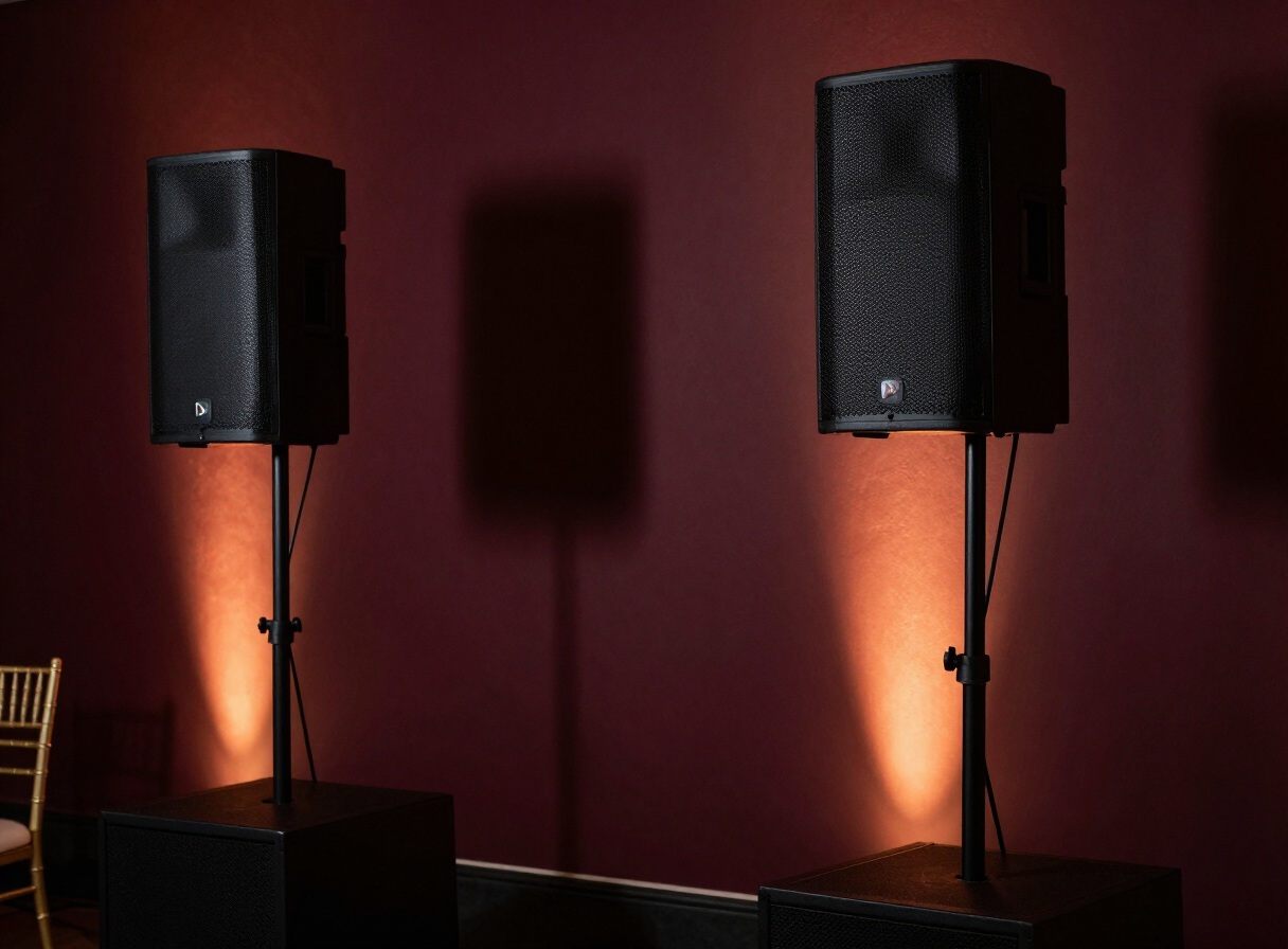 Concert-grade DJ speakers and subwoofers at a wedding reception
