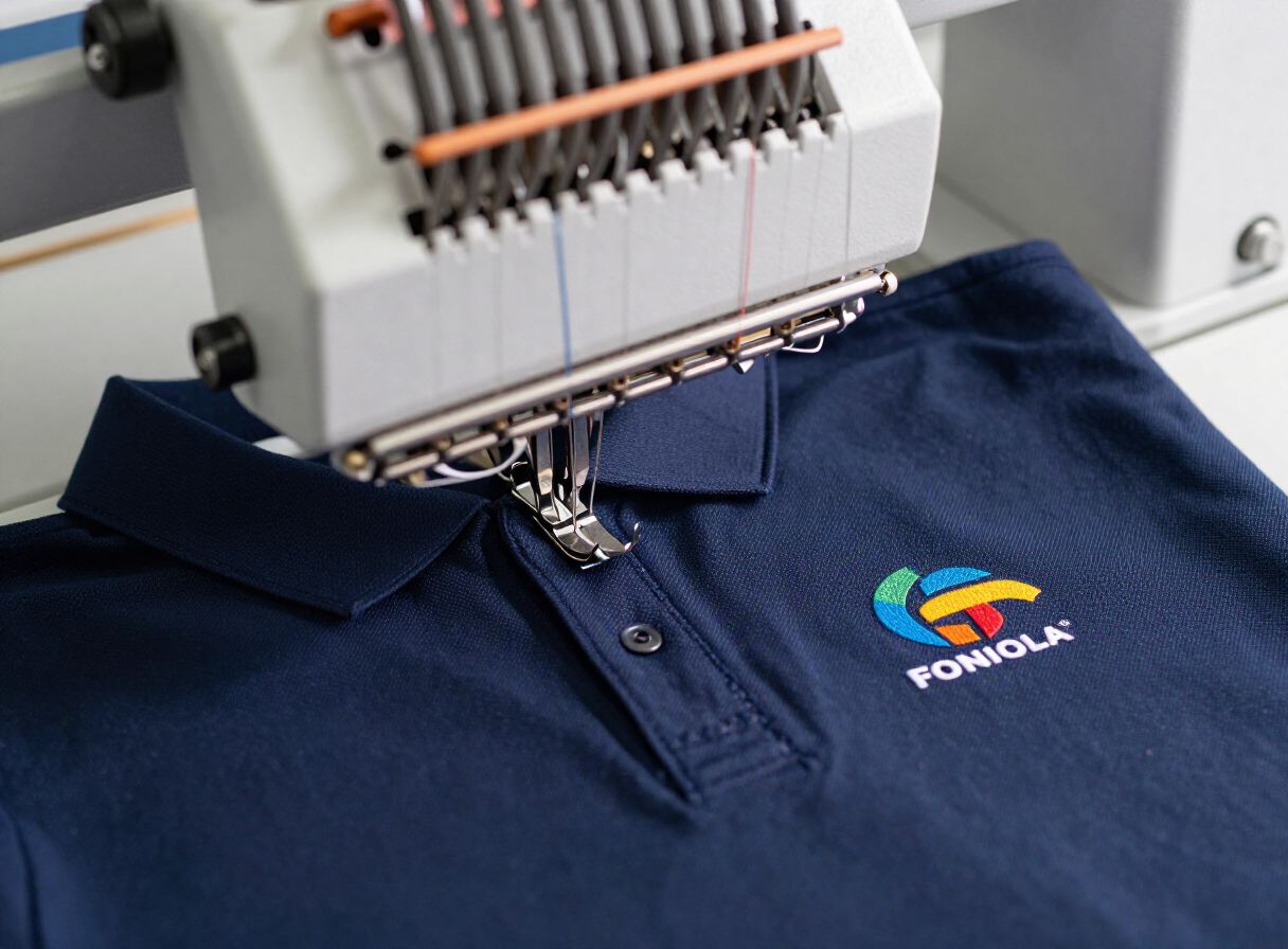 Embroidery machine stitching a company logo onto a navy polo