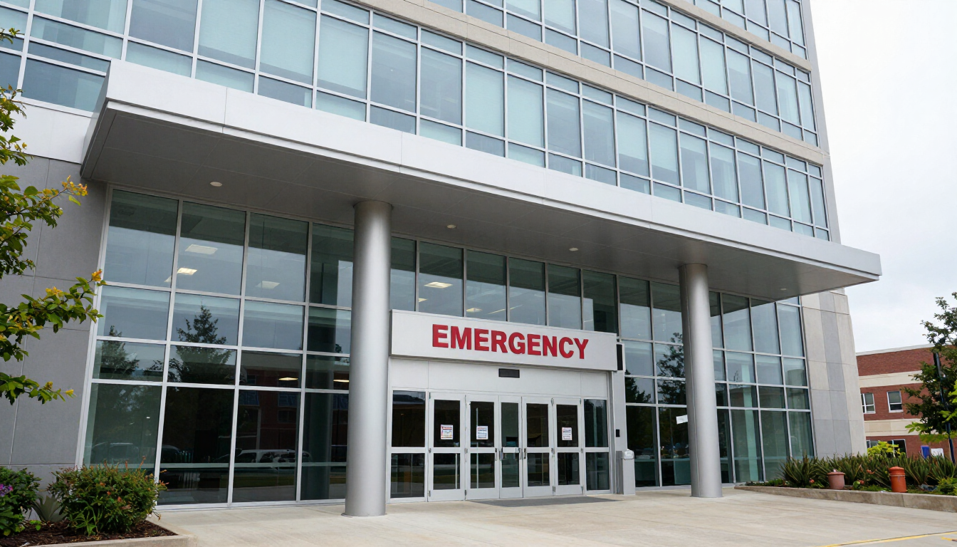 Modern hospital exterior building with glass facade and emergency entrance sign in Kansas City Missouri during daytime