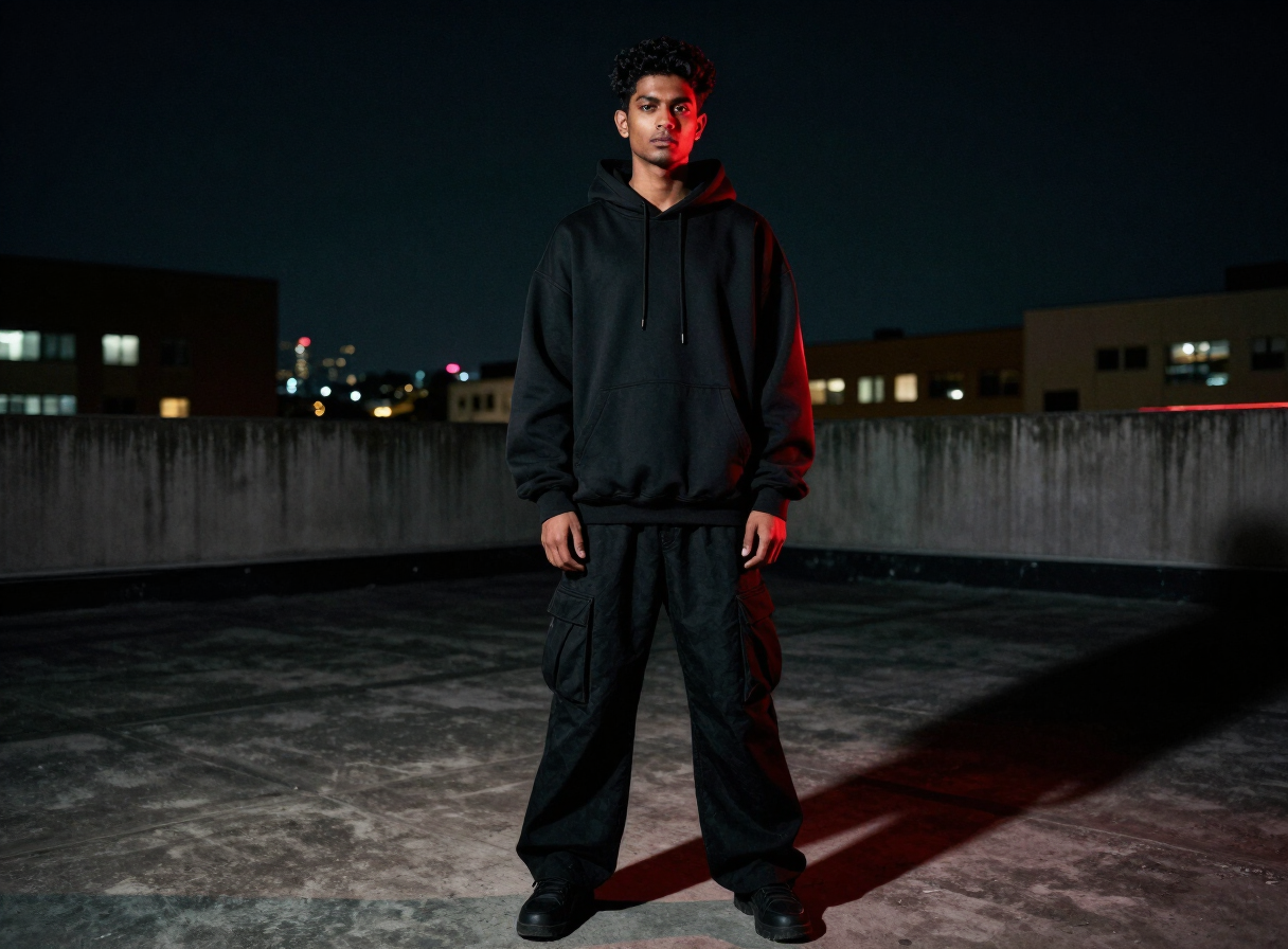 Gritty rooftop streetwear editorial with a monochrome hoodie look, cinematic shadows, and a crimson neon accent