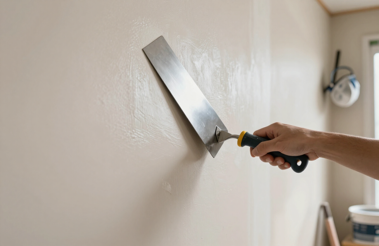 Illustrative close-up image of a Level 5 skim coat finish being smoothed on a drywall wall under strong side lighting — not a specific New Milford project.