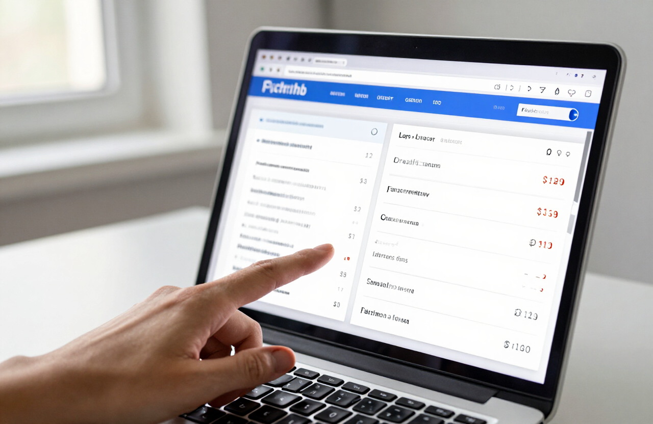 Laptop screen showing two flight search engine result pages side by side with a hand pointing at a fare