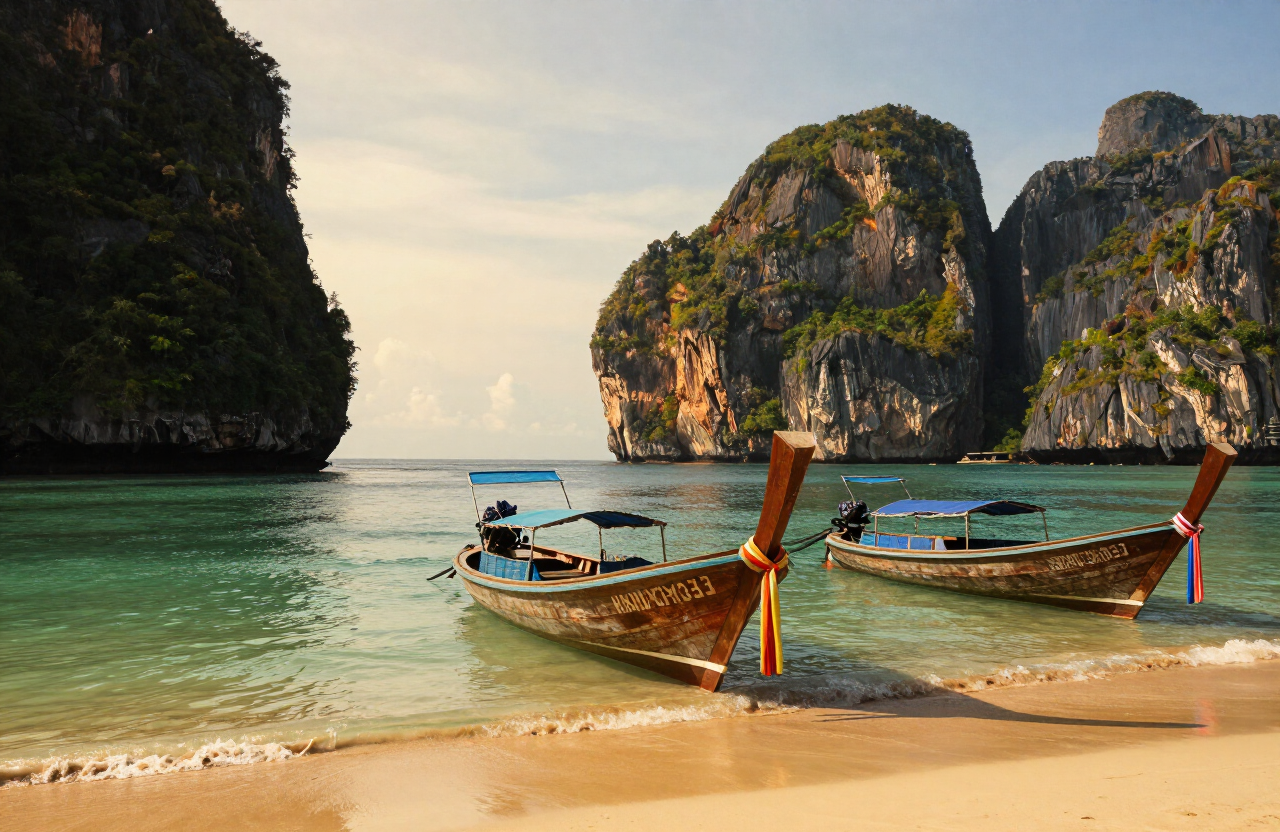 Longtail boats beneath the karst towers.