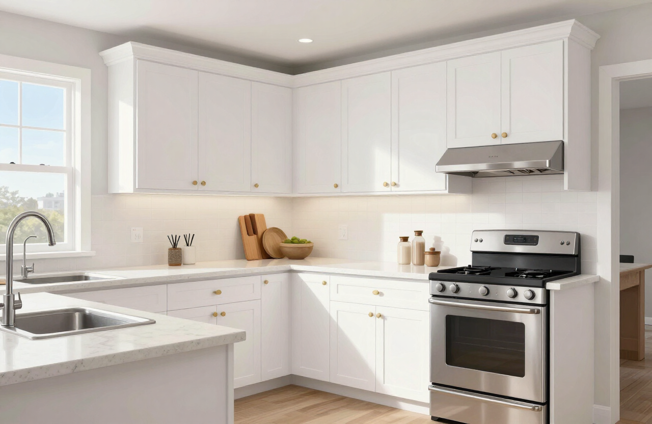 Illustrative freshly painted white shaker kitchen cabinets in a modern Fort Lee NJ condo kitchen