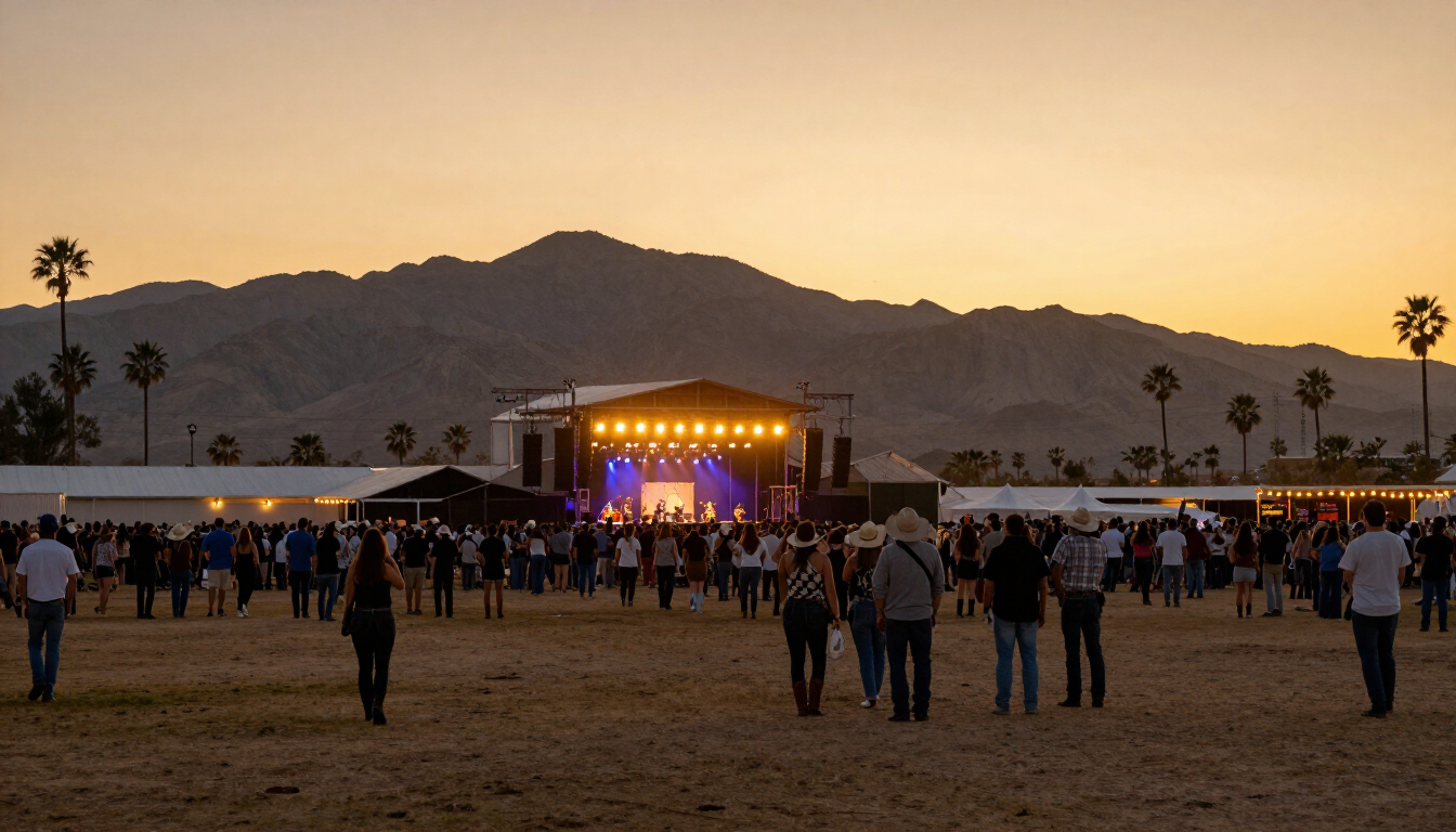Stagecoach evening crowd with Empire Polo Club field and Indio desert mountains at sunset