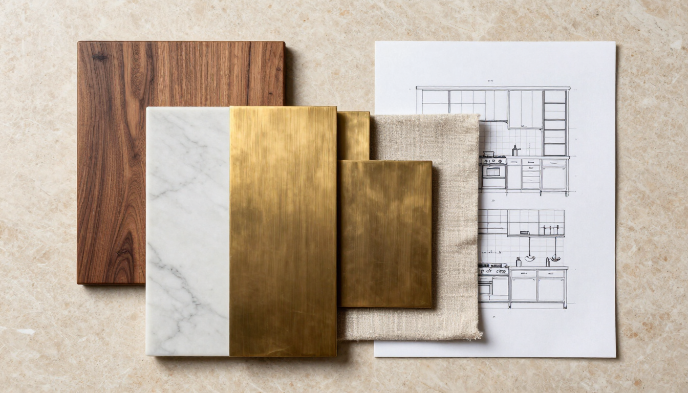 Material samples and hand-drawn kitchen plans at HS Kitchens Studio, Queens New York