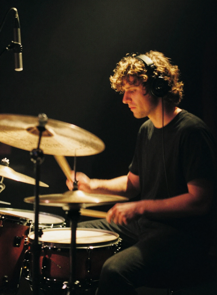 Percussionist in profile behind a cymbal with golden flare and motion blur
