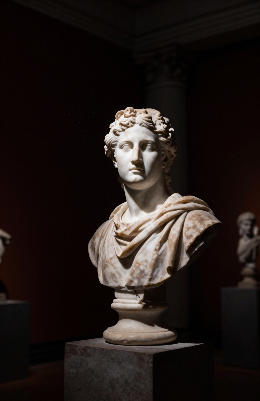 A classical marble bust lit by a single beam of light in a dark museum hall
