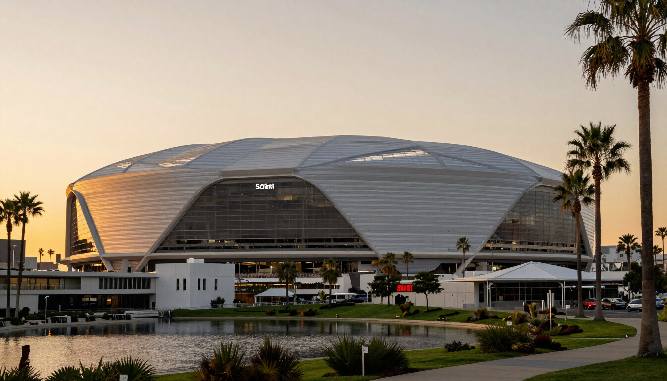SoFi Stadium exterior at dusk with surrounding Hollywood Park complex and palm trees.