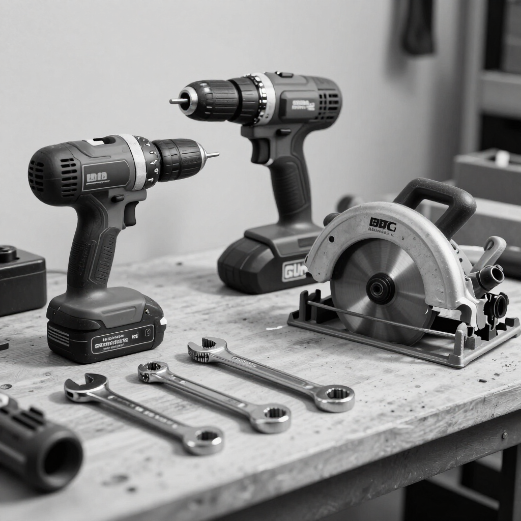 Black and white photo of used power tools arranged on a workbench