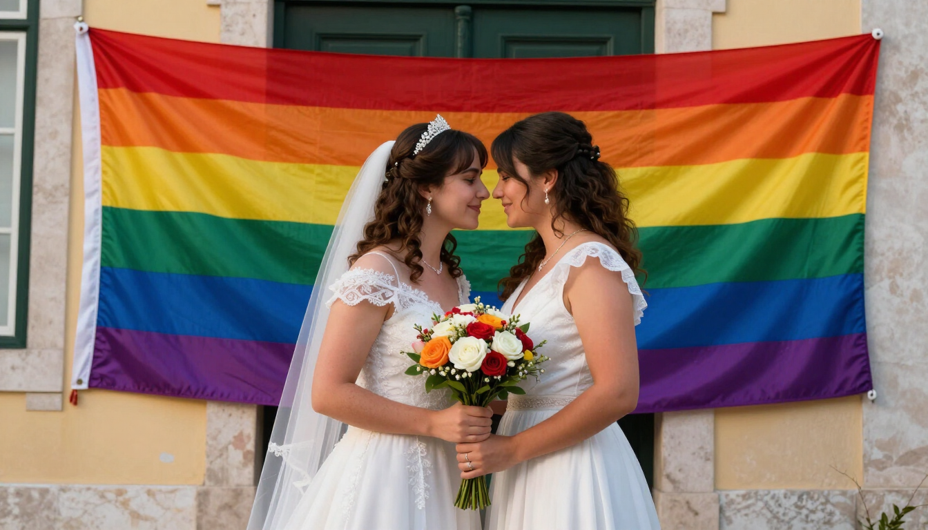 Duas noivas a beijarem-se à porta de uma conservatória em Lisboa, com ramo de flores e bandeira arco-íris ao fundo