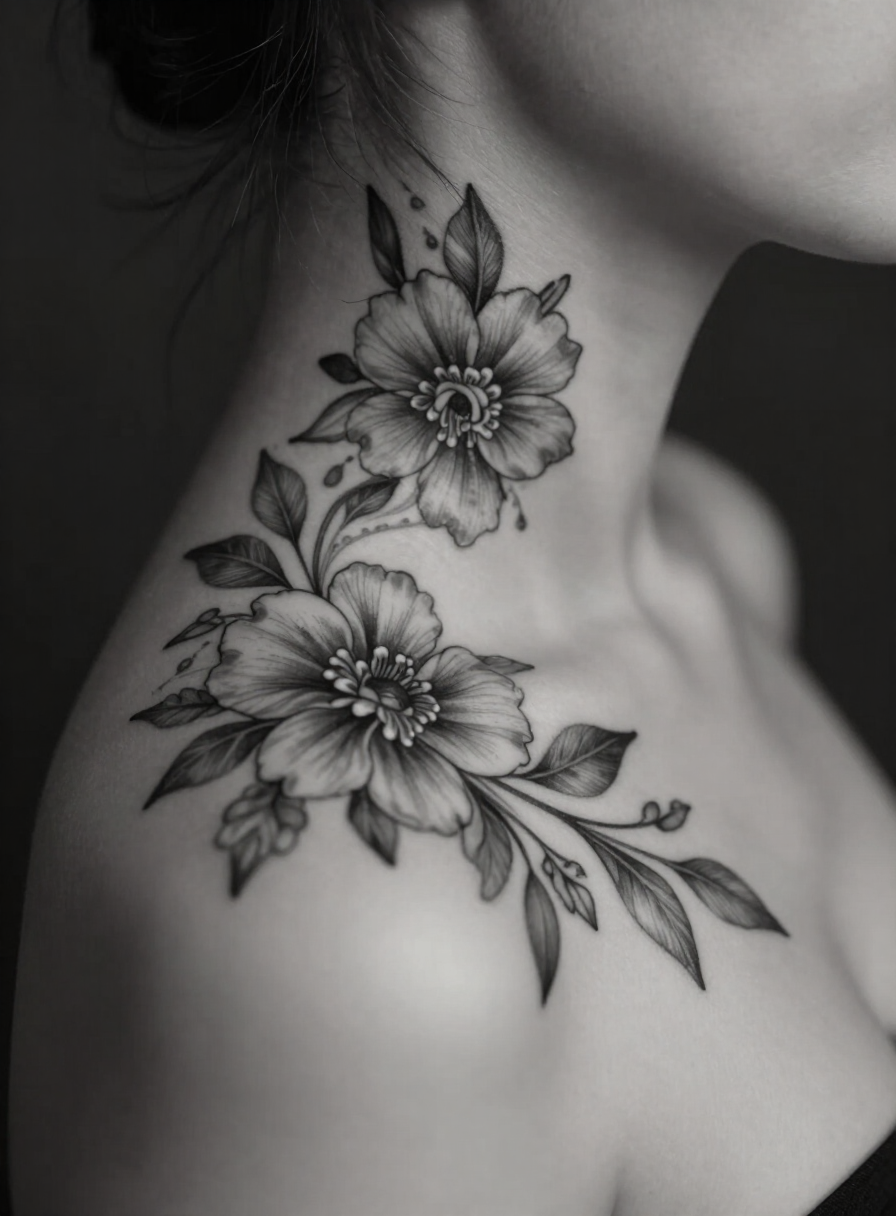 Ornamental dark floral tattoo on a woman’s lower neck and shoulder