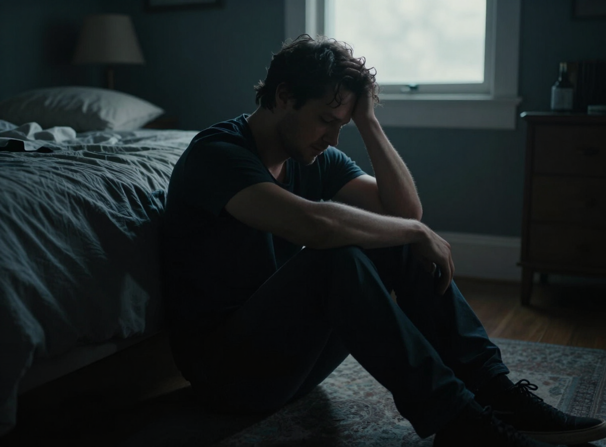 Adult reflecting quietly indoors