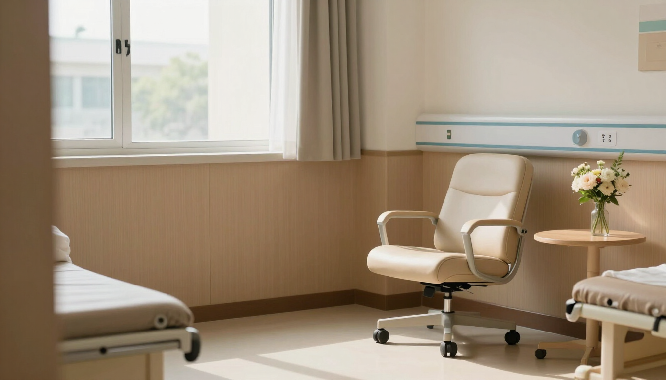 A serene hospital recovery room with soft natural light through a window, a single chair and a small table with flowers