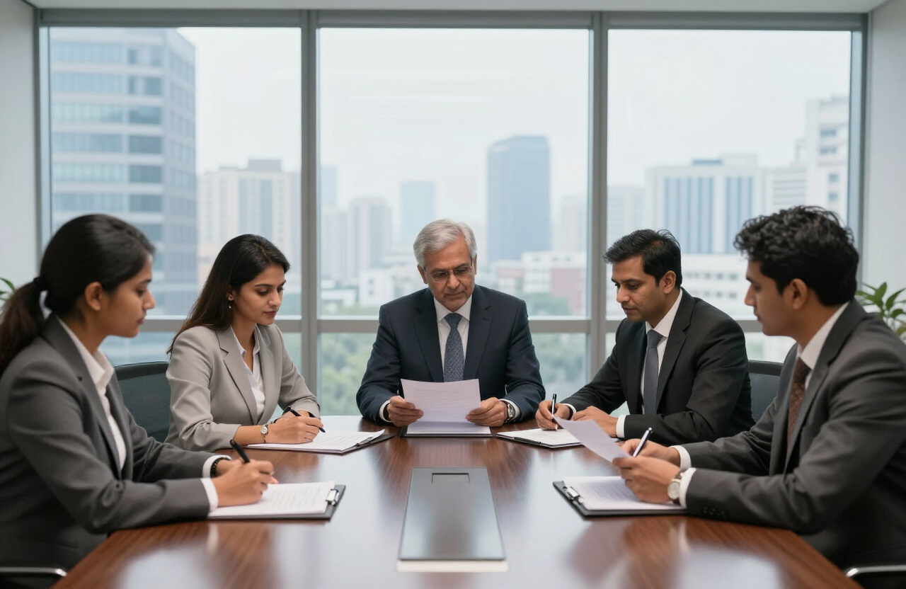 Advisory team reviewing documents in a Mumbai boardroom with city views