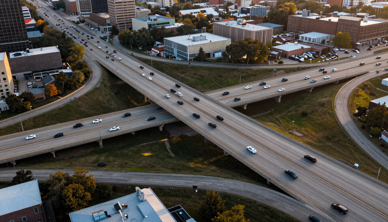 Aerial view of a major interstate highway interchange in Kansas City with multiple flyover ramps and traffic at golden hour