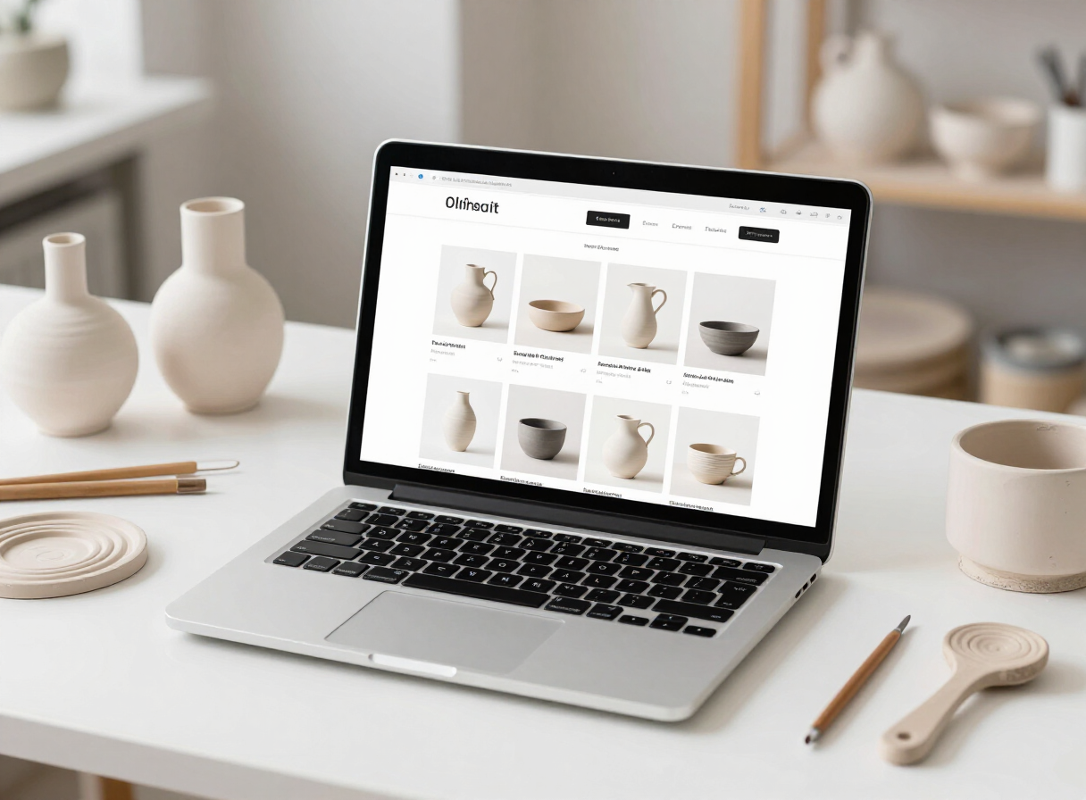 Sklep internetowy z ceramiką wyświetlony na laptopie w pracowni