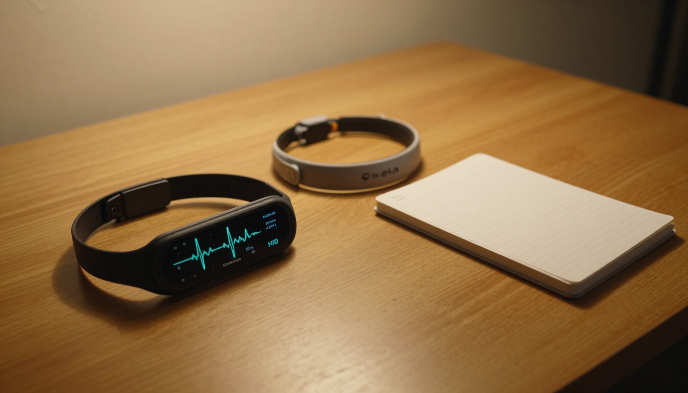 A chest strap, an EEG headband, and a notebook on a wooden table.