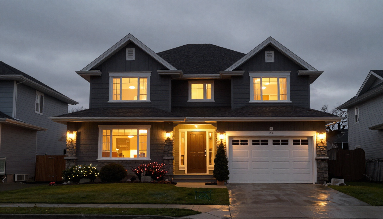 Owner-occupied Christmas lights in Vancouver with ridgeline lights, estate grounds lighting, and seasonal decorating assembly.