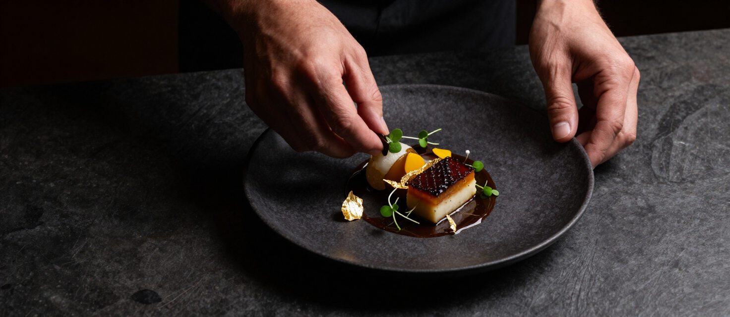 An exquisite Michelin-star plated dish with gold leaf and micro herbs on dark slate