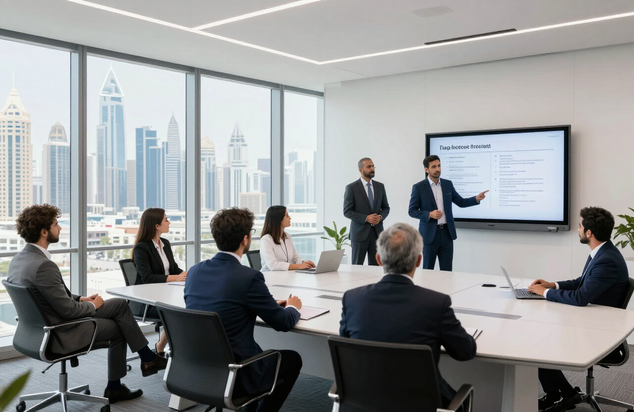 Instructor delivering a corporate tax training session to finance professionals in a Dubai boardroom
