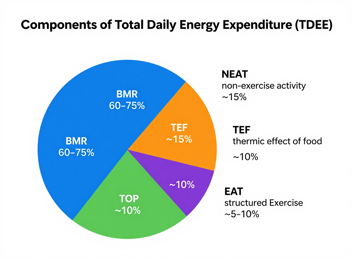Pie chart titled Components of Total Daily Energy Expenditure (TDEE) divided into four slices: BMR 60–75%, NEAT ~15%, TEF ~10%, and EAT ~5–10%