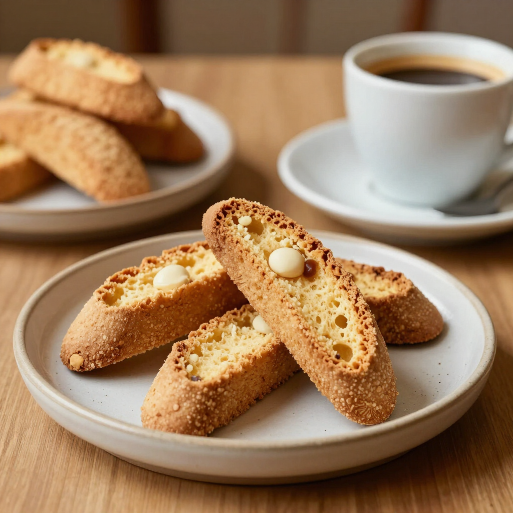 Italienische Biscotti und Amaretti auf einem Keramikteller neben einer Espressotasse