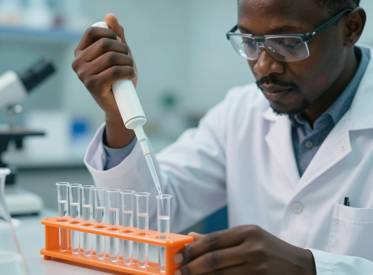 Technicien de laboratoire pipetant des échantillons de formulation
