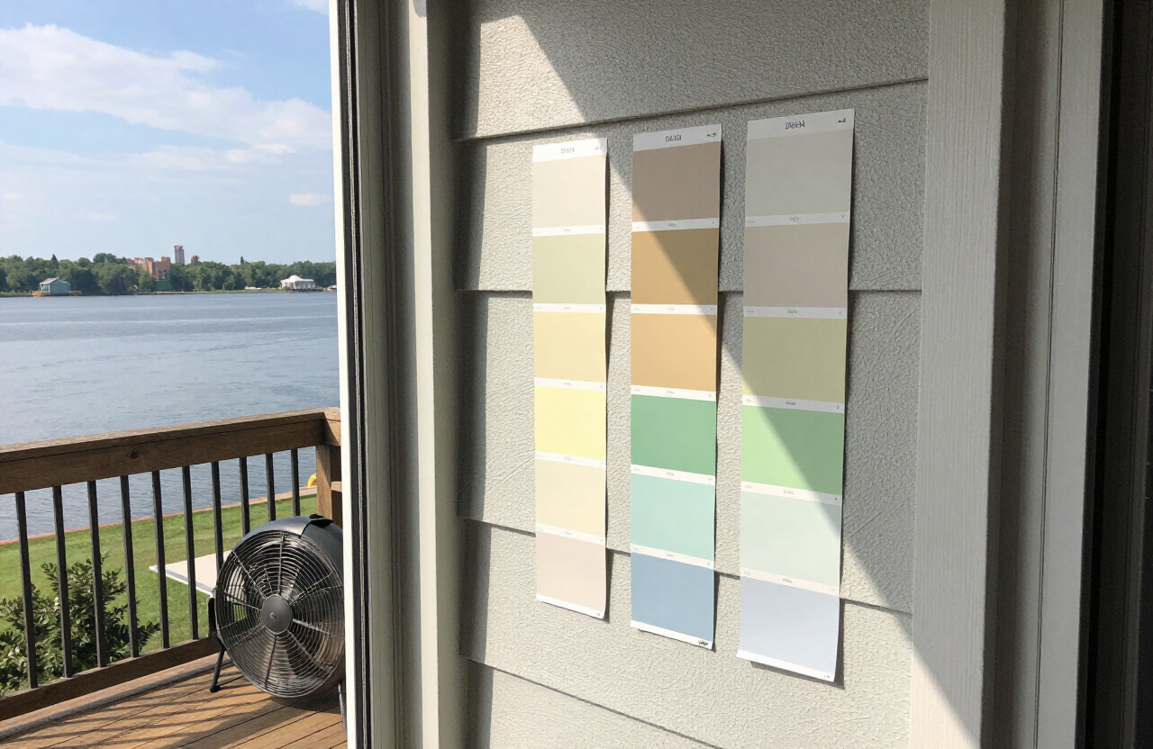 Paint color sample swatches tested on a Weehawken NJ condo wall near a window with Hudson River natural light