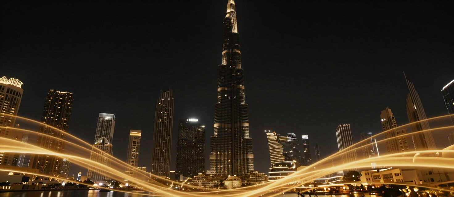Dubai skyline at night with golden light waves